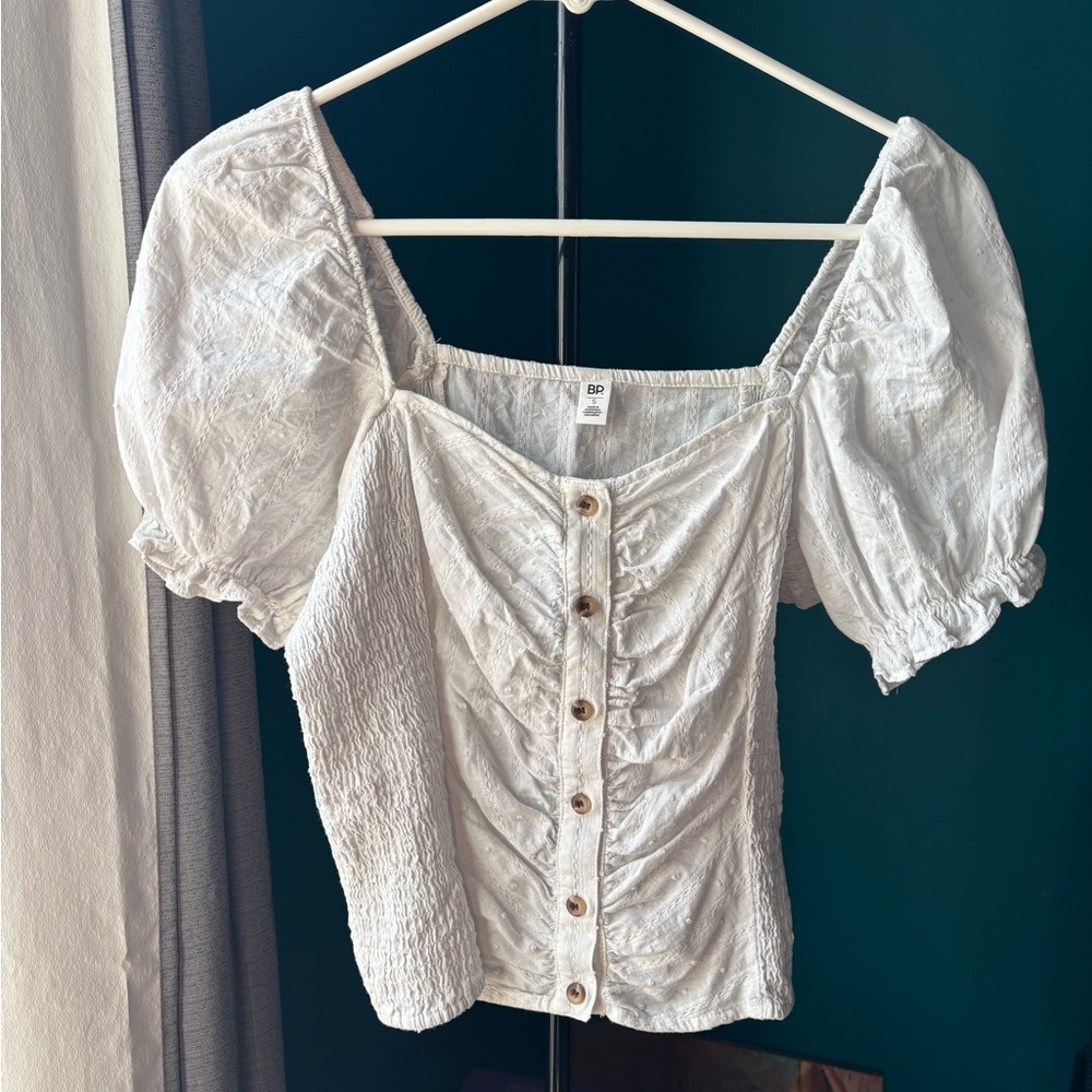 BP White Ruched Button-Up Blouse - Picture 1 of 4